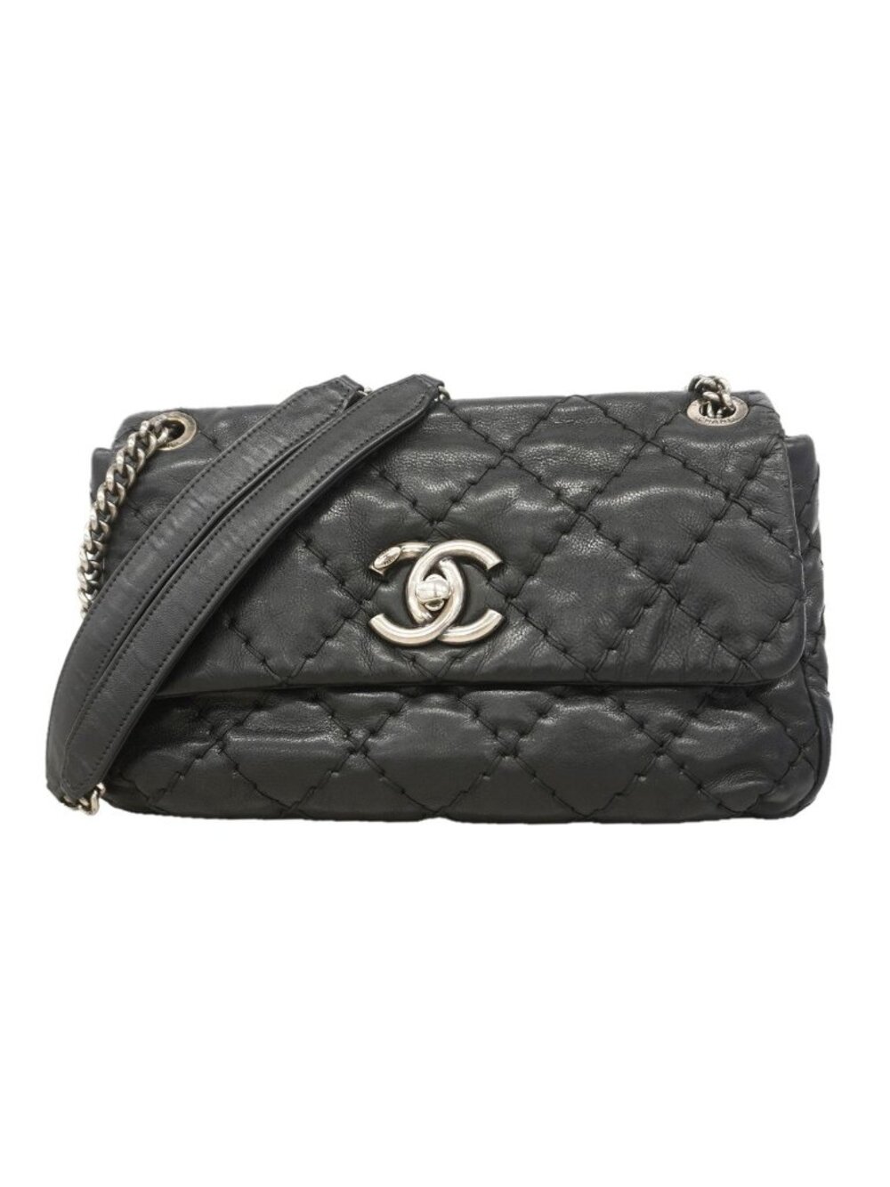 Chanel Shoulder Bag Wild Stitch Leather Black Silver